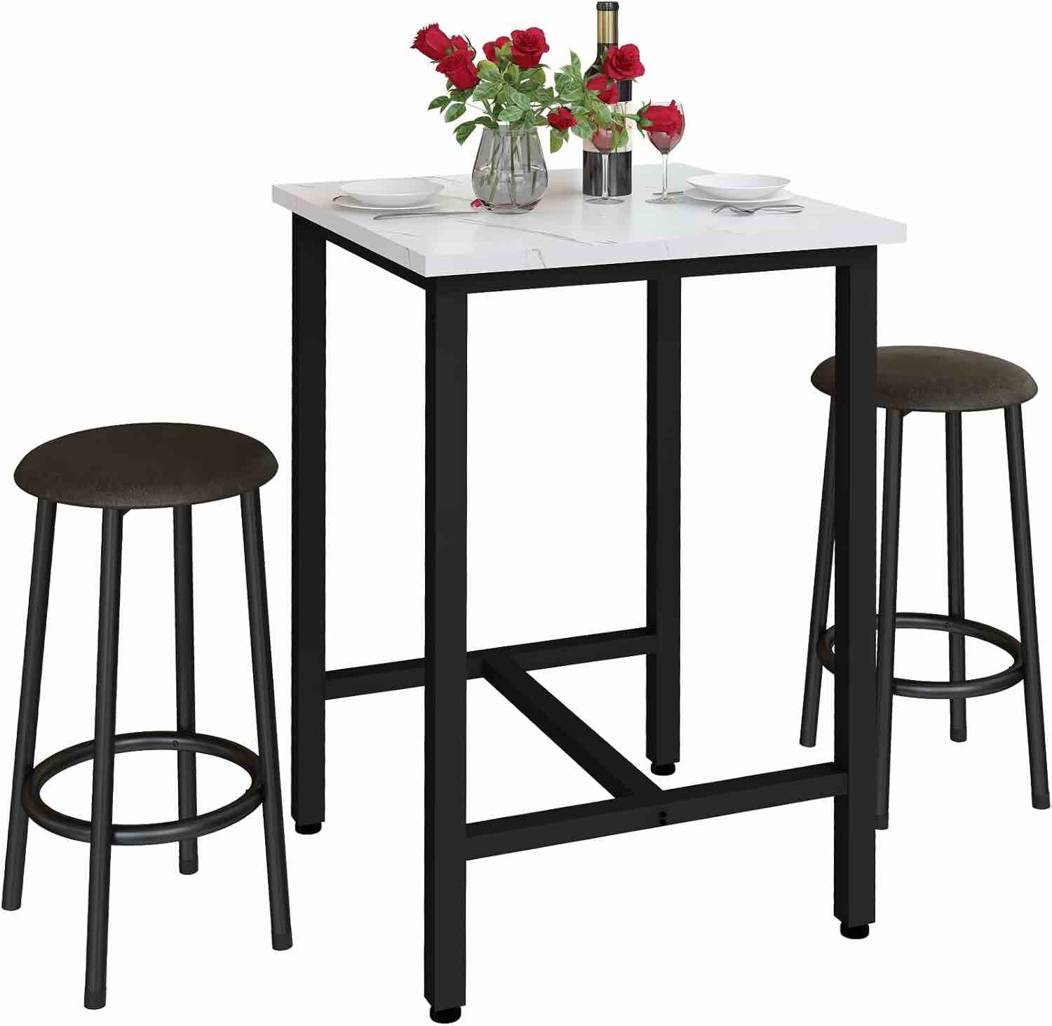 DKLGG 3-Pieces Bar Table and Chairs Set, Kitchen Dining Bar Height Table with 2 Bar Stools, Modern Bistro Pub Table Breakfast Square Bar Table Small Space for Kitchen, Living Room, Party