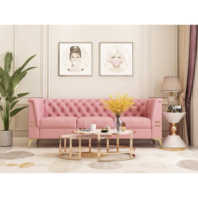 Fx P83 Pk2 Sofa Modern Velvet Living Room Chesterfield Design 82.7Inch Wide Pink 3 Seat Sofa Pink Velvet 3 Seat