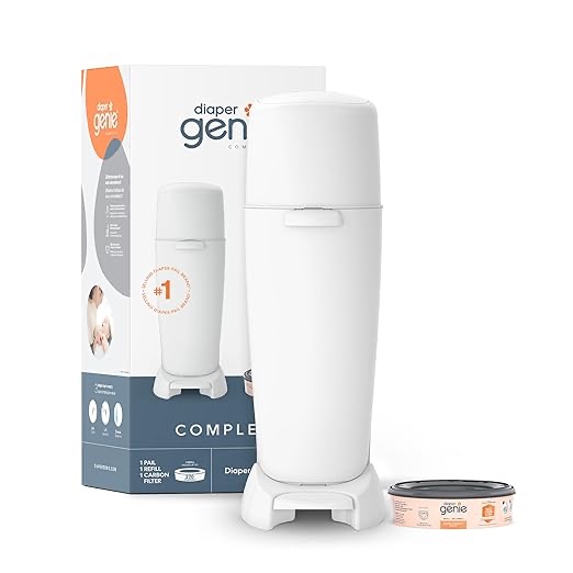 Diaper Genie Complete Diaper Pail (White) with Antimicrobial Odor Control | Includes 1 Diaper Trash Can, 1 Refill Bags, 1 Carbon Filter, Packaging may vary