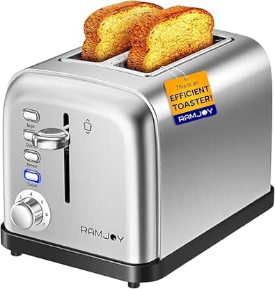 RAMJOY Toaster 2 Slice, Extra-Wide Slot Toasters for Bagels, Bread, Waffles, 7 Shade Settings, 4 Main Functions, Removable Crumb Tray, 900 Watts, Brushed Stainless Steel