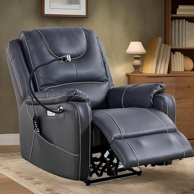 PUG258Y Power Zero Gravity Recliner: Electric Reclining Chairs Heat and Massage, Phone Holder for Living Room, Side Pockets OKIN Motor, USB Port - Scratch Resistant Eco Leather Black
