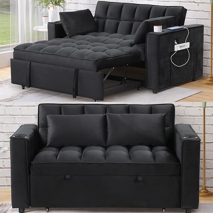 Loveseat with Pull Out Bed, Convertible Velvet Sleeper Sofa Bed with Cup Holder & USB Port, 2 Pillows, and Adjustable Backrest for Living Room or Apartments, Black