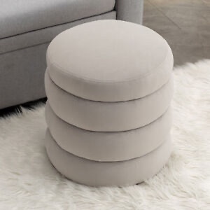 Soft Velvet Round Ottoman Footrest Stool,Light Gray