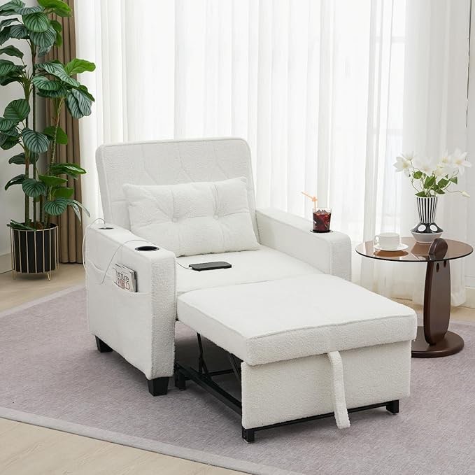 Bed with Chair, 3-in-1 Convertible Sofa, Fleece Fabric Bed Chair, Adjustable Backrest with USB and Type-C Port, Recliner Sofa for Living Room, Bedroom, Apartment, White