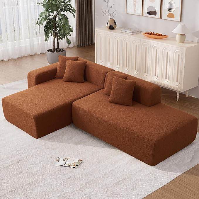 Sectional Sofa, Modern Cloud Couch with Left Facing Chaise Lounge, Upholstered Sherpa Corner Sofa Couch, Deep Seat Convertible Sleeper Couch for Living Room, Orange