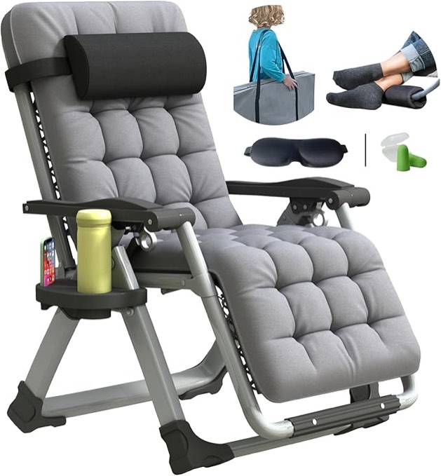 Oversized Zero Gravity Chair, XL Lounge Chair 29” Width, Padded Recliner Chair W/Removable Cushion & Adj Headrest, Storage Bag, Footrest Cushion, Cup Holder, for Indoor Outdoor, Gray