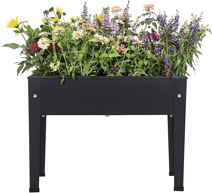 Piksedo Raised Garden Bed, Elevated Planter Metal Plant Box with Legs Standing Garden Stand Drainage Holes Frosted Black