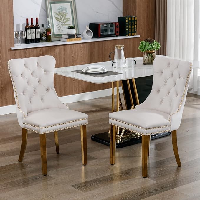 Dining Chairs Set of 2, Modern Upholstered Velvet Dining Room Chair with Nailhead Trim and Golden Stainless Steel Plating Legs, Mid-Century Accent Dinner Chair for Living Room, Kitchen, Beige