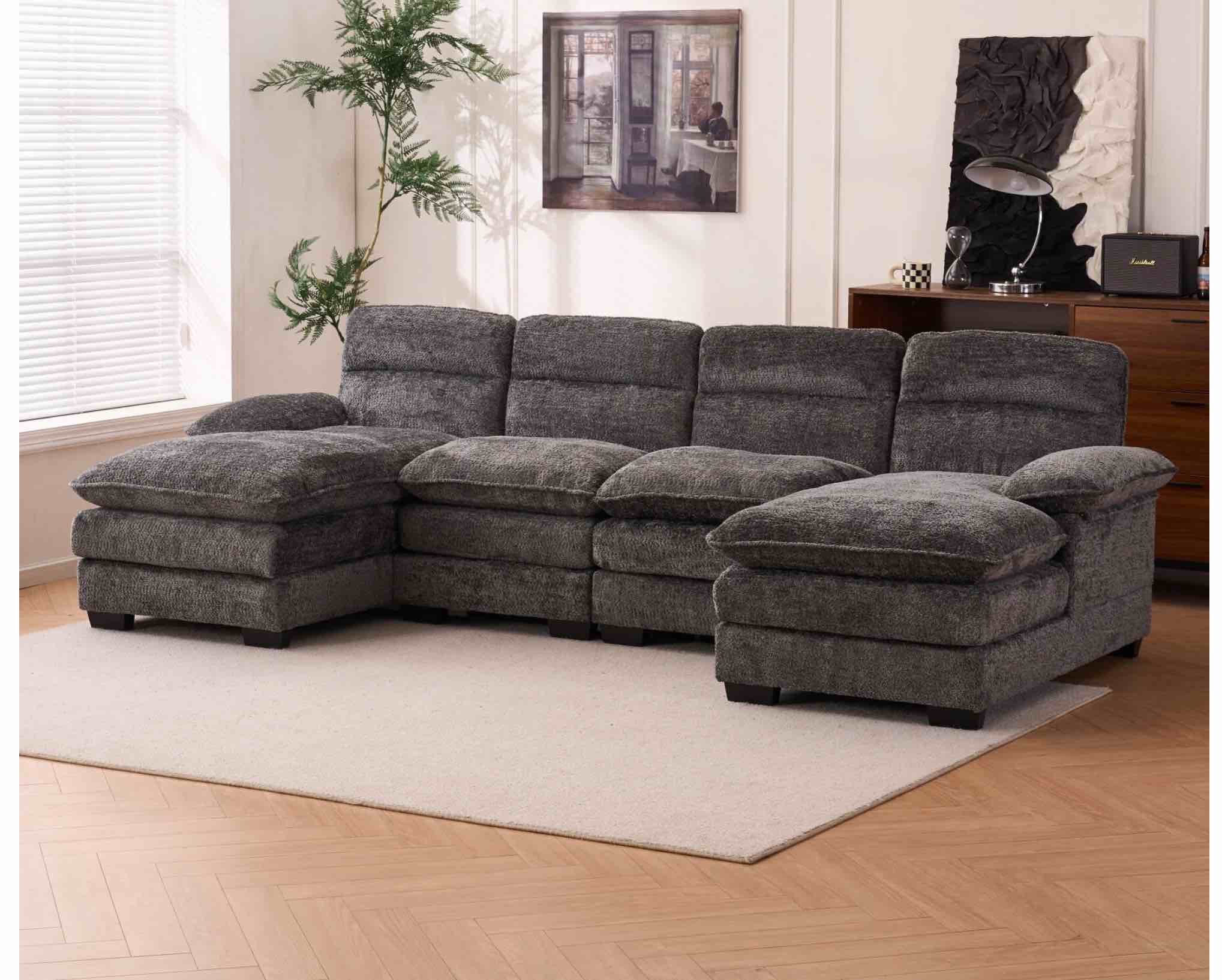 Oversized Modular Sectional Sofa, U Shaped Cloud Couch Chenille Sofa, Comfy Deep Seat Couch with Reversible Chaise & Cushions, 6 Seater(Grey)