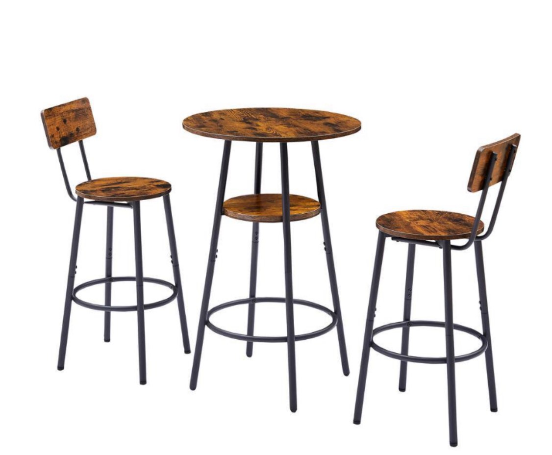 3-Piece Outdoor Metal Round Bistro Set with Shelf, Upholstered Stool with Backrest, Rustic Brown for Patio, Deck, Garden