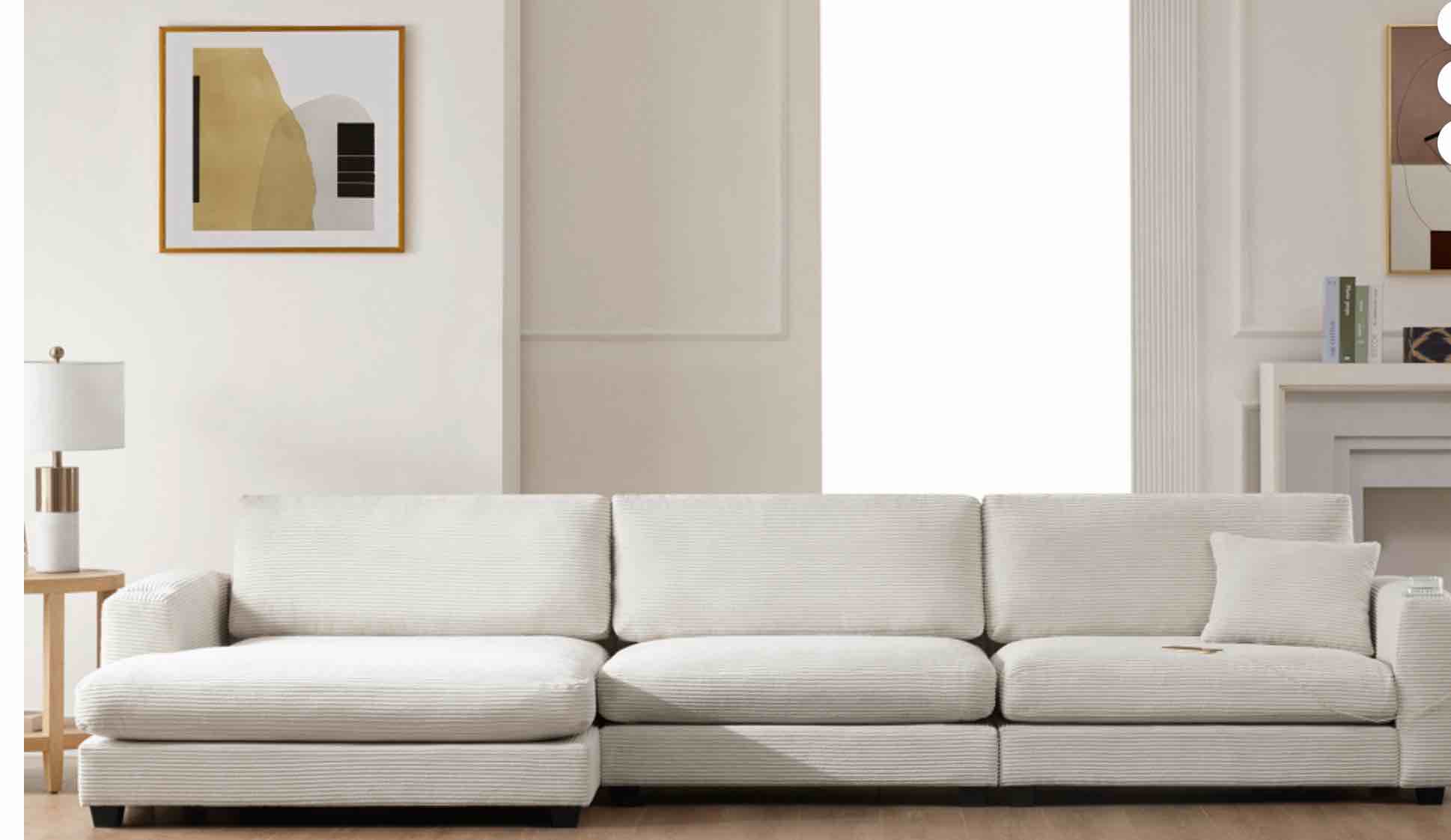 Oversized Corduroy Sectional Sofa,L Shaped Cloud Couch with USB Charging Port,Cup Holder,Deep Seat Sofa Bed with 50" Chaise,Comfy Indoor Furniture for Living Room