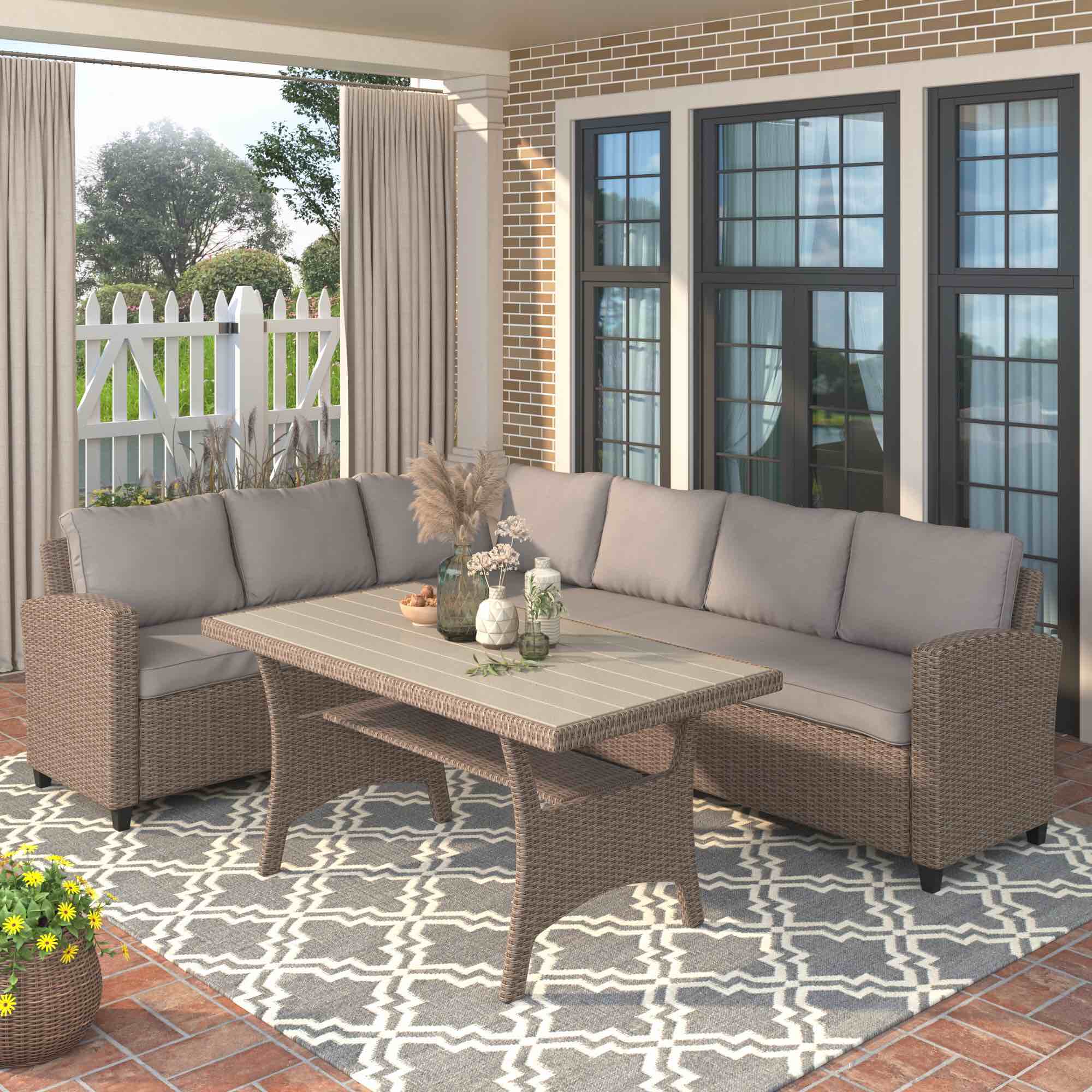 Patio Outdoor Furniture PE Rattan Wicker Conversation Set All-Weather Sectional Sofa Set With Table & Soft Cushions (Brown)