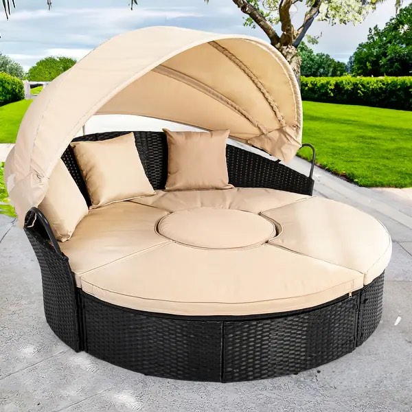 Moasis Patio Round Outdoor Daybed with Retractable Canopy - 71"L x71"W x 55"H - Beige