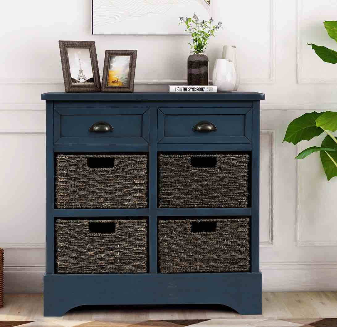 Storage Cabinet w/ 4 Classic Rattan Basket (Antique Navy)