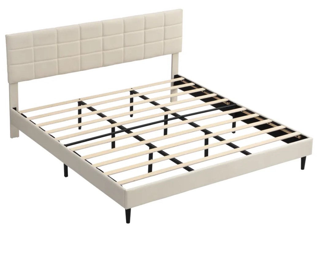 Full Size Platform Bed Frame, Fabric Upholstered Headboard, Wooden Slats, Dark Beige ( See Description)