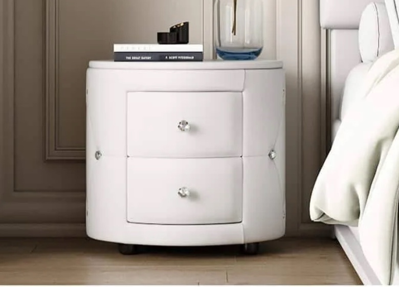 White 2-Drawers PU Nightstand Bedside Table with Crystal Handle for Bedroom