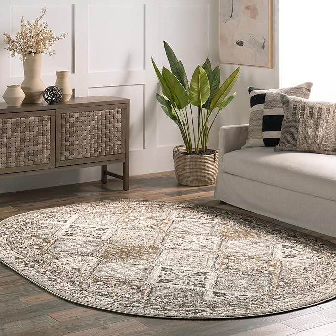 nuLOOM 8x 10 oval Becca Traditional Tiled Area Rug, Taupe, Faded Transitional Design, Stain Resistant, For Bedroom, Dining Room, Living Room, Hallway, Office, Kitchen, Entryway