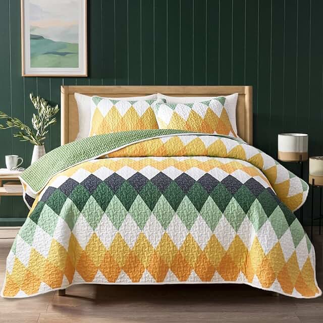 Yellow Green Rhomb Plaid Quilt Set 3pc Queen Size Reversible Coverlet Bedspread Set Soft Microfiber Lightweight Summer Quilt Bedding Set Bed Cover for All Season 88x88