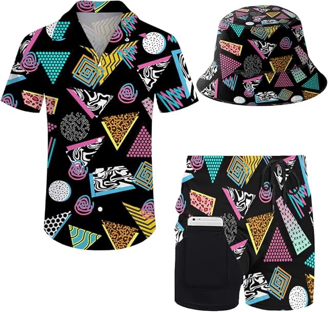 Men's 2 Pieces 80s 90s Outfit Retro Shirts and Shorts Set with Hat Hawaiian Beach Tracksuits for Men Disco Party Medium Stylish