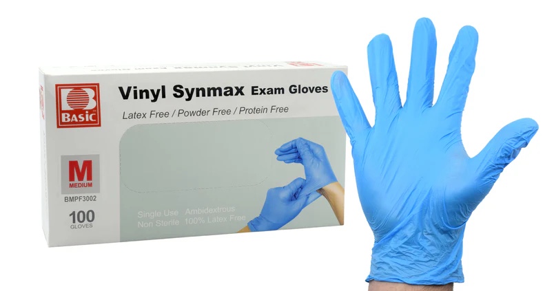 pack 10 Vinyl Exam Gloves, 100/Box - Medium - Latex Free, Powder Free, Nonsterile - Blue - Synmax