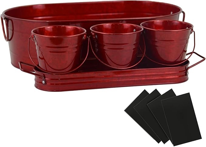 (similar) Oval Ice Bucket with 3 Serve Buckets Set - Condiments, Nuts, Ice Cream, Snacks, Candy Serving Bowls, Metal Drink Cooler Beverage Tub, Chill Wine & Beer, 4 Gallons for Home Parties, Red/Wire handle