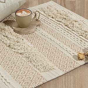 SUMGAR Beige 5x7 Area Rug Boho Rugs Cotton Woven Textured Thick Cream Neutral Throw Rug,Handmade Tufted Knoted Soft Carpet with Sparkle Gold Metalic Pattern for Living Room Bedroom Entryway