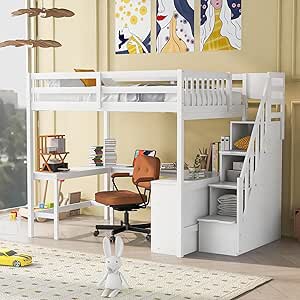 ( incomplete box 2of 3 only ) Full Size Loft Bed with Desk and Stairs, Solid Wood Loft Bed Frame with Storage, for Kids Teens Adults - White