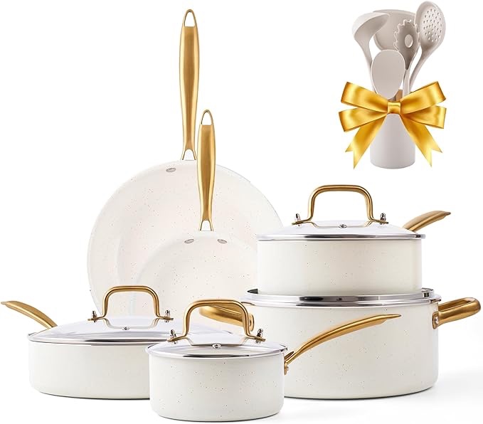 Ceramic Pots and Pans Set Nonstick - Kitchen Cookware Sets Non Toxic Cookware Set With Dutch Oven, Frying Pan Set, Saucepan, Sauté Pan, Cooking Utensils Set, White Gold Pans for Cooking Pot Set Gifts