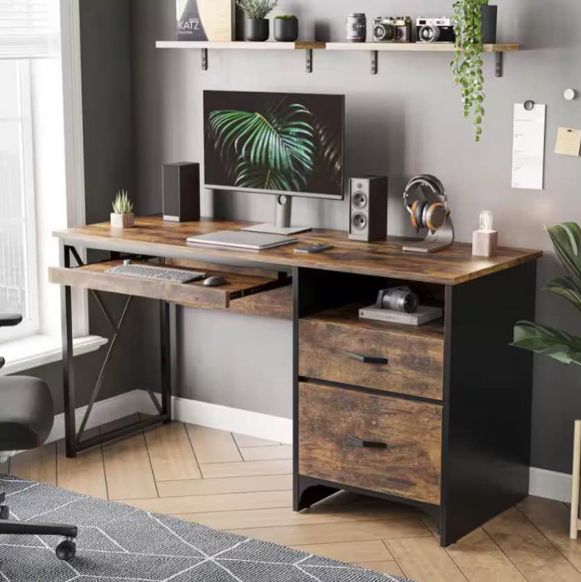 55 in. Office Desk with Storage Drawers and Keyboard Tray Rustic Brown by Bestier