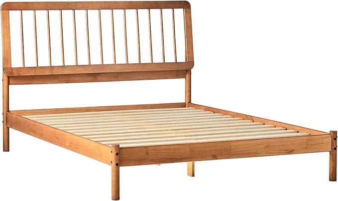 Walker Edison Clemente Mid-Century Modern Spindle Headboard Queen Bedframe, Queen Size, Caramel