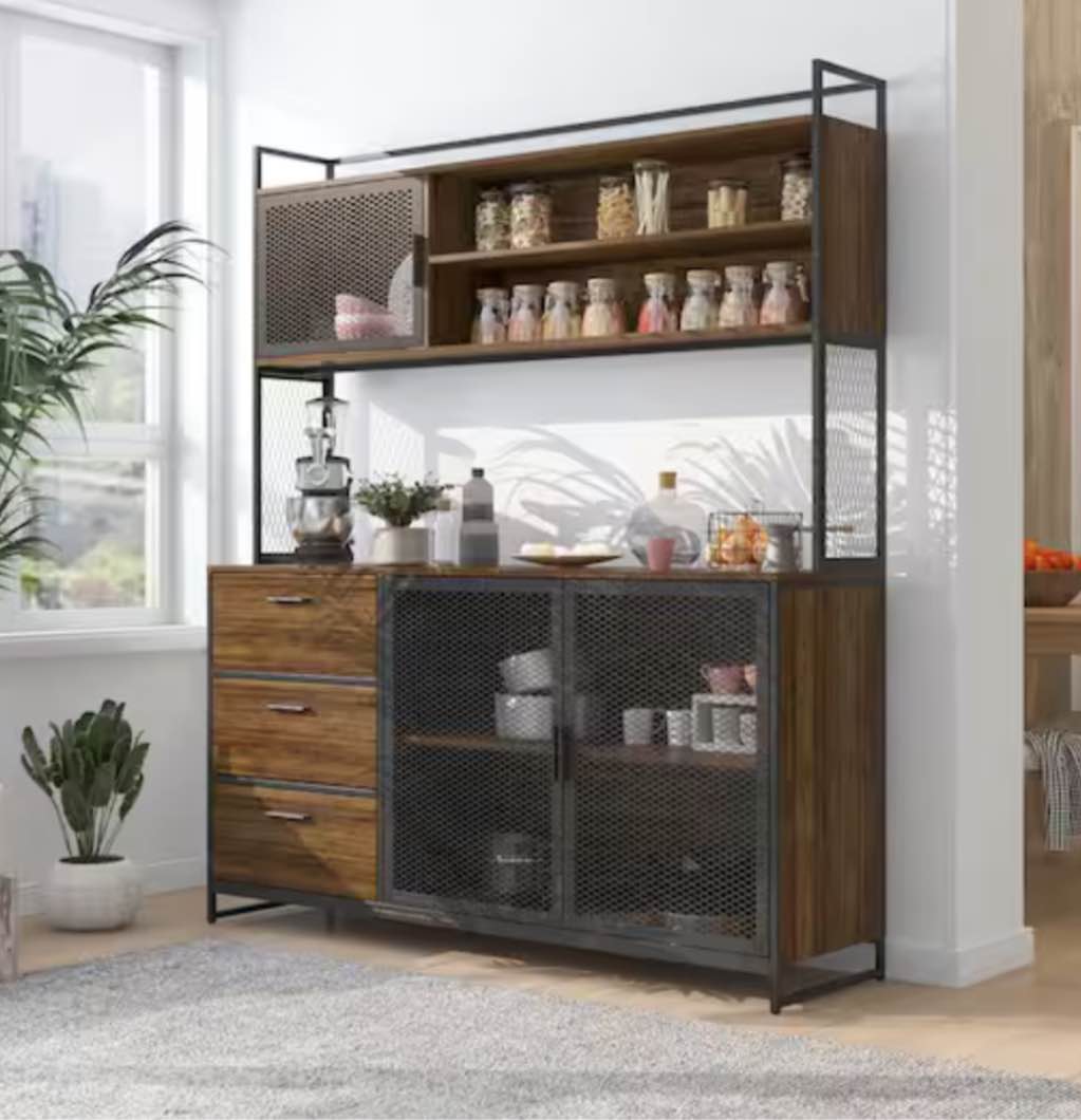 59 in. W Brown Large Kitchen Pantry Organizers Cabinet Buffet with 3-Drawers, 6 Shelves and Metal Mesh Doors (incomplete box 1/2)