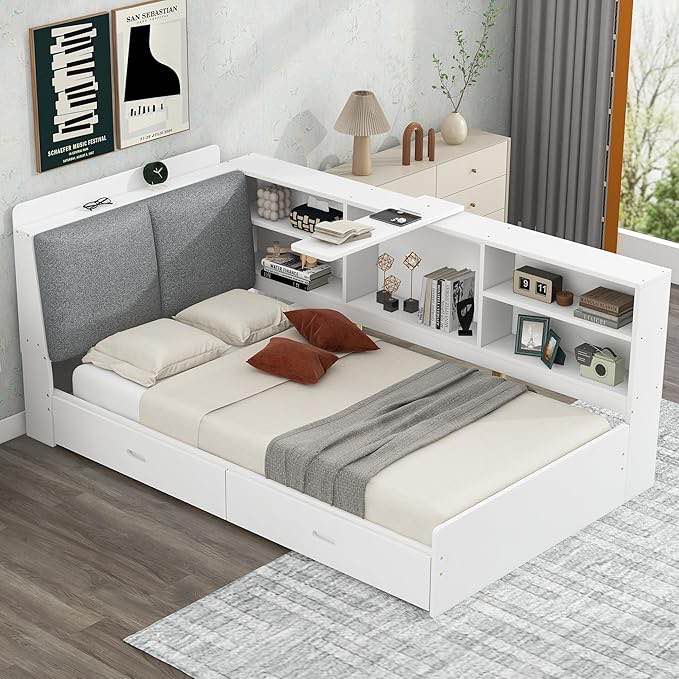 Modern Wood Daybed with Storage Headboard, Twin Size Multifunctional Sofa Bed with Shelves Rotatable Storage Board and 2 Drawers, No Box Spring Required (White/Storage Board, Twin) box 1 of 2