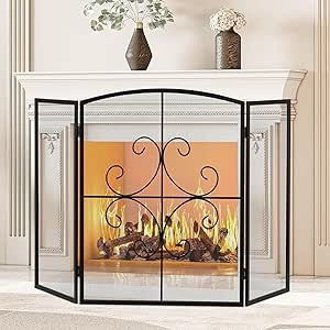 Gtongoko 3 Panel Fireplace Screen 48" W x 29" H Wrought Iron Decorative Fire Spark Guard Grate for Living Room Home Decor - Black