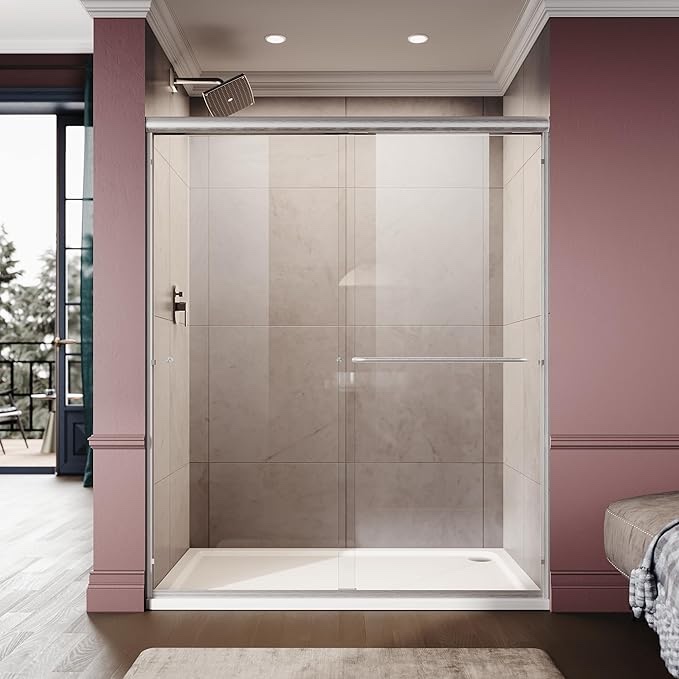 ELEGANT Shower Door 58.5-60" W x 72" H, Semi-Frameless Bypass Sliding Shower Doors, 1/4" Clear Glass, Brushed Nickel Finish