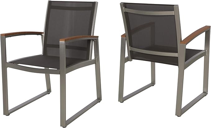 GDFStudio Patio Dining Chairs - Aluminum - Outdoor Mesh Seats - Faux Wood Arms - Set of 2 - Silver with Gray and Natural Finish