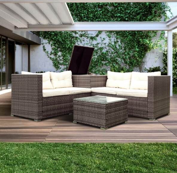 (incomplete)4 Piece Patio Sectional Wicker Rattan Outdoor Furniture Sofa Set with Storage Box - Creme