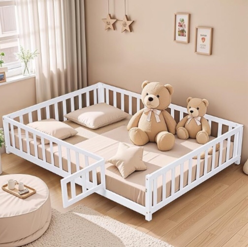 Anwick Full Size Floor Platform Bed with Fence and Door for Kids, Montessori Floor Bed Frame with Support Slats for Toddlers,Kids, Boys and Girls, Wooden Floor Bed (White)