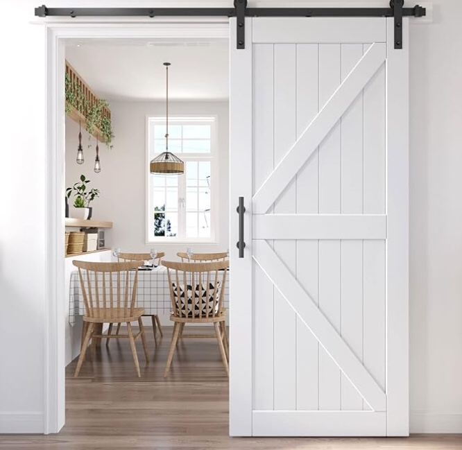 EaseLife 36in x 84in Sliding Barn Door with 6.6FT Barn Door Hardware Track Kit Included,Solid LVL Wood Slab Covered with Water-Proof & Scratch-Resistant PVC Surface,DIY Assembly,Easy Install,White