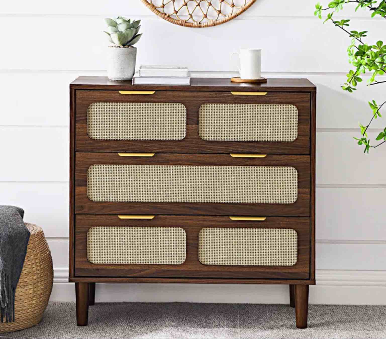 (incomplete)Candelario Modern Rattan Dresser Cabinet,Farmhouse Wooden Storage Chest