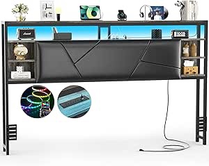 Headboard for King Size Bed, Sturdy Upholstered King Head Board with 3 Outlets and 2 USB Ports, Solid Headboards with Smart RGB LED Light and Storage Shelves, Easy Assembly, Black Oak