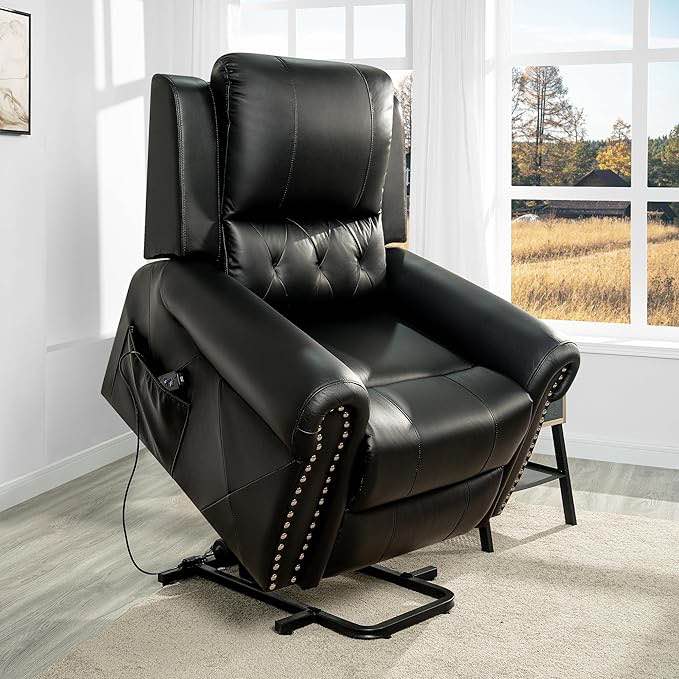 Tatiana Oversized Air Leather Power Lift Recliner Chair with Footrest, Reclining Chair with Remote Control, Premium Studded and Tufted Detailing, Side Pocket, Comfortable Power Lift Chair - Black