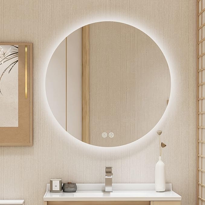 BuLife 36 Inch Round LED Bathroom Mirror Backlit Anti-Fog Wall Mounted Lighted Bathroom Vanity Mirror 3 Colors Light Dimmable Smart Makeup Mirror with Touch Switch