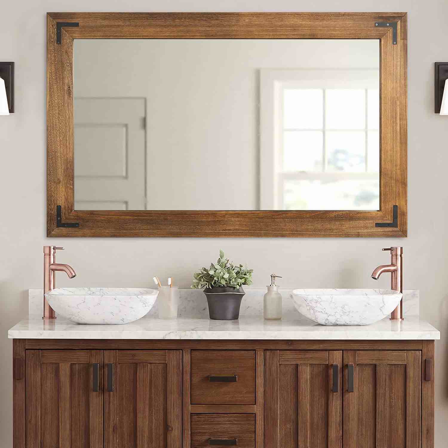 YOSHOOT Rustic Wooden Framed Wall Mirror, Natural Wood Bathroom Vanity Mirror for Farmhouse Decor, Vertical or Horizontal Hanging, 60" x 36"