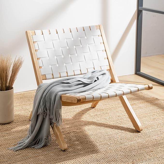 LUE BONA Folding Woven Faux Leather Accent Chair, White Leather and Natural Wood, Midcentury Modern Lounge Chair, Scandinavian Rattan Low Chair for Living Room, Bedroom, Patio, Balcony