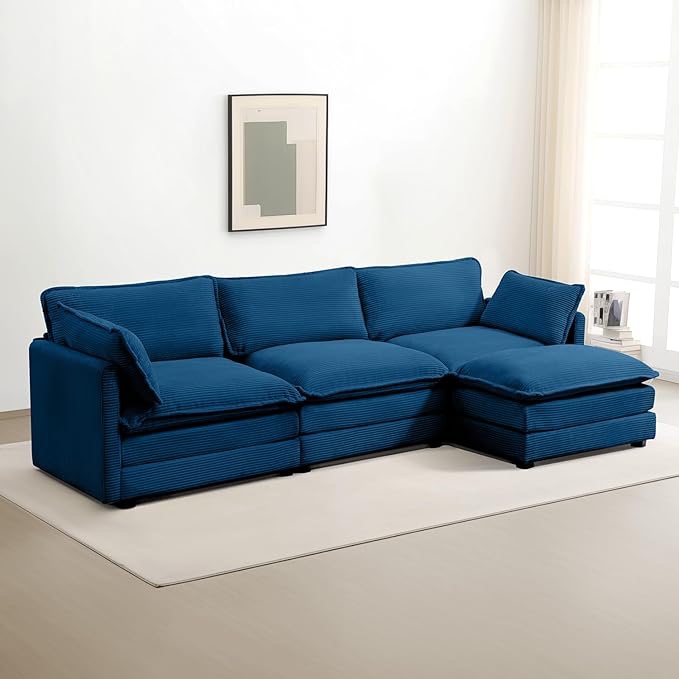 ROWHY Oversized Modular Sectional Sofa with Movable Ottoman, 112 Inch 4 Seat Modern Corduroy Sofa Set, Convertible L Shaped Couch for Living Room and Office, Navy Blue( similar to photo)( incomplete Only 1 Box)