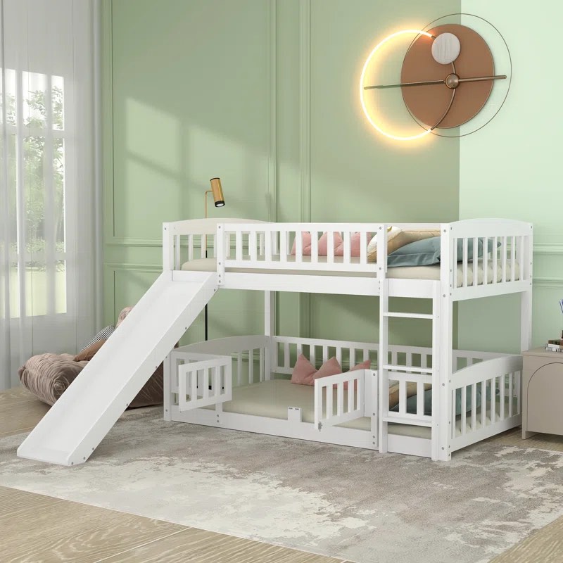 Tidyard Bunk Bed with Slide,Twin Over Twin Low Bunk Bed with Fence and Ladder Mattress Foundation Easy Assembly, No Box Spring Needed for Dorm, Bedroom, Guest Room( incomplete Box 2 Of 2)( colors Brown)
