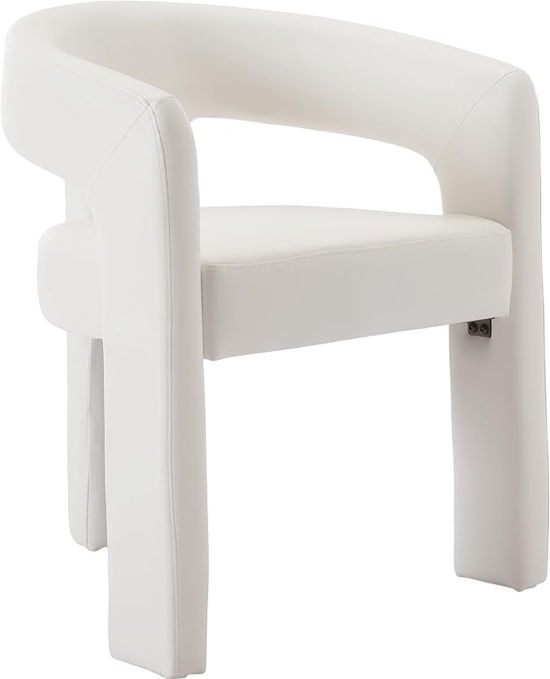 Modern Barrel Dining Chair, PU Leather Upholstered Accent Side Chair with Arms Comfy Makeup Vanity Chair, Dining Living Room Kitchen Chair, White