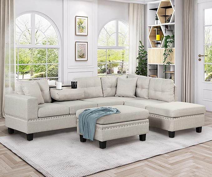 P PURLOVE Sectional Sofa with Reversible Chaise and 2 Pillows, Linen L-Shaped Sofa with Storage Ottoman and Cup Holders, Sectional Couche Living Room Furniture Sets (Light Gray)( incomplete Box 3 Of 3)