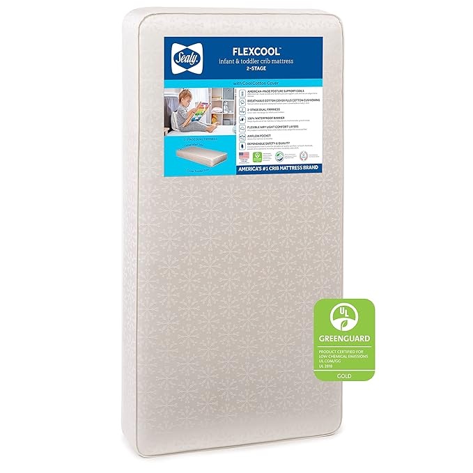 Sealy Baby Flex Cool Breathable Hypoallergenic 2-Stage Dual Firm Waterproof Baby Crib Mattress & Toddler Bed Mattress, Cotton Cover, 204 Premium Coils, Air Quality Certified, Made in USA, 52"x28