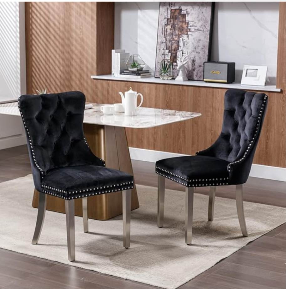 Collection Modern, High-end Tufted Solid Wood Contemporary Velvet Upholstered Dining Chair with Chrome Stainless Steel Plating Legs,Nailhead Trim,Set of 2,Black and Chrome, SW1701BK